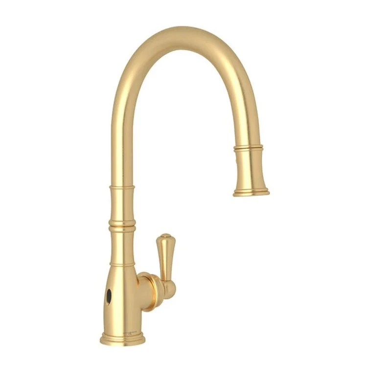 Kitchen Faucet Georgian Era with Touchless Technology 1 Lever Satin English Gold Dual Spray Pull Down C-Spout Touchless Senses Presence 1.75 Gallons per Minute