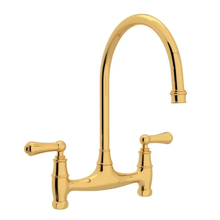 Kitchen Faucet Georgian Era Less Unions 7-7/8 Inch Spread 2 Lever English Gold Bridge Swivel Spout 1.8 Gallons per Minute