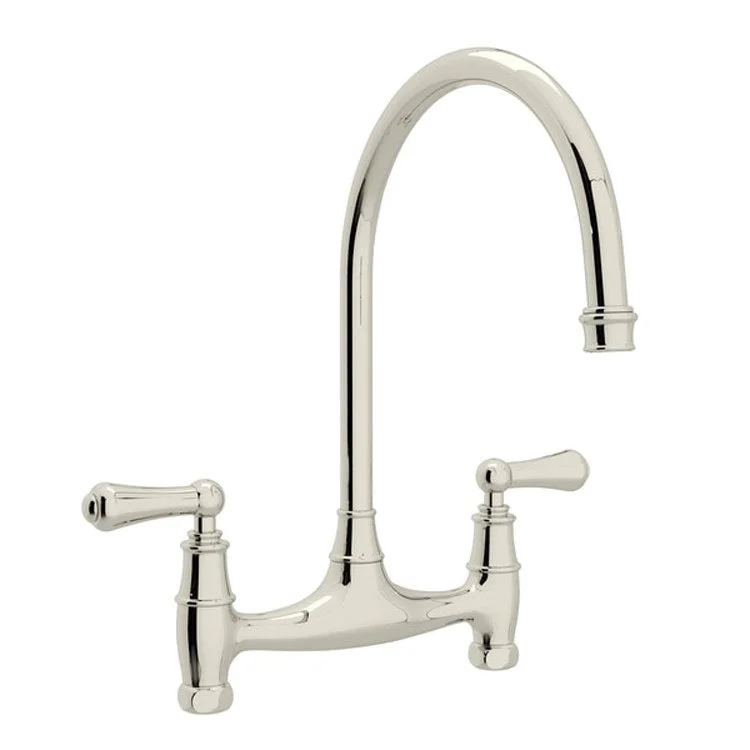 Kitchen Faucet Georgian Era Less Unions 7-7/8 Inch Spread 2 Lever Polished Nickel Bridge Swivel Spout 1.8 Gallons per Minute