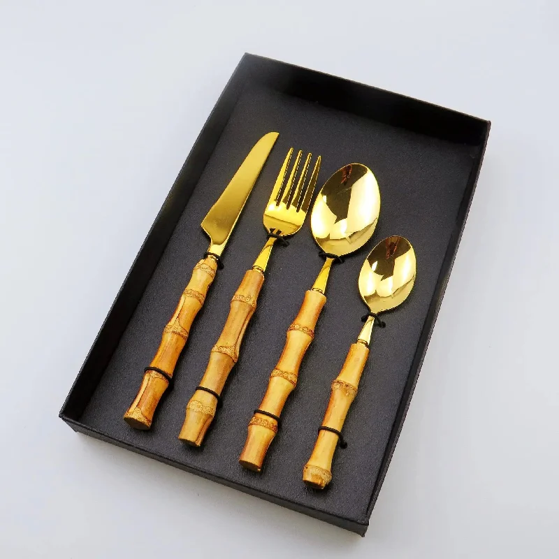 Premium Bamboo Handle Cutlery Fork Knife Spoon Set Dinnerware Utensils Gift BUT01