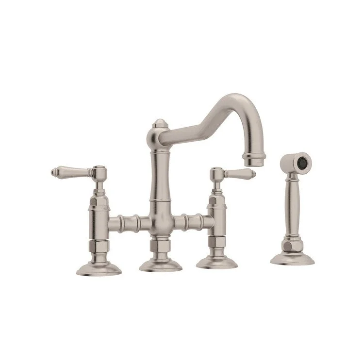 Kitchen Faucet Acqui with Sidespray 2 Metal Lever Satin Nickel Column Spout Three Leg Bridge 9-17/32 Inch 1.5 Gallons per Minute