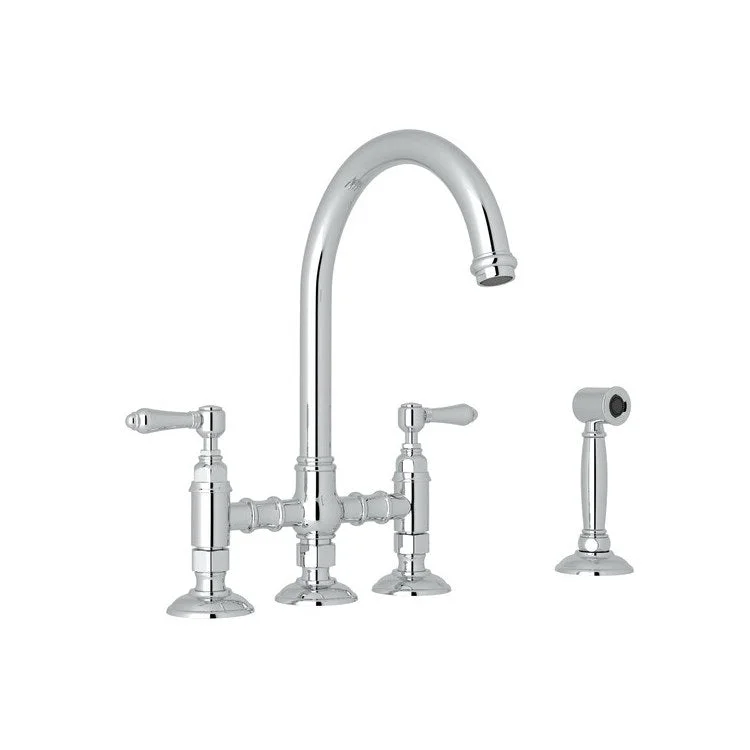 Kitchen Faucet San Julio with Sidespray 2 Metal Lever Polished Chrome Column Spout Three Leg Bridge 1.5 Gallons per Minute