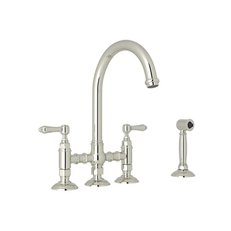 Kitchen Faucet San Julio with Sidespray 2 Metal Lever Polished Nickel Column Spout Three Leg Bridge 1.5 Gallons per Minute