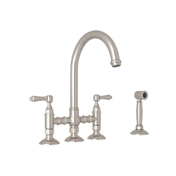 Kitchen Faucet San Julio with Sidespray 2 Metal Lever Satin Nickel Column Spout Three Leg Bridge 1.5 Gallons per Minute