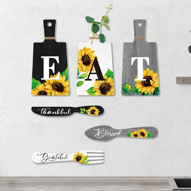 Set Of 6 Sunflower Kitchen Decor Sets Eat Signs Fork And Spoon Wooden Kitchen