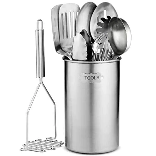 Stainless-Steel Kitchen Utensil Set - 10-piece premium Nonstick & Heat Resistant Kitchen Gadgets, Turner, Spaghetti Server, Ladle, Serving Spoons, Whisk, Tongs, Potato Masher and Utensil Holder