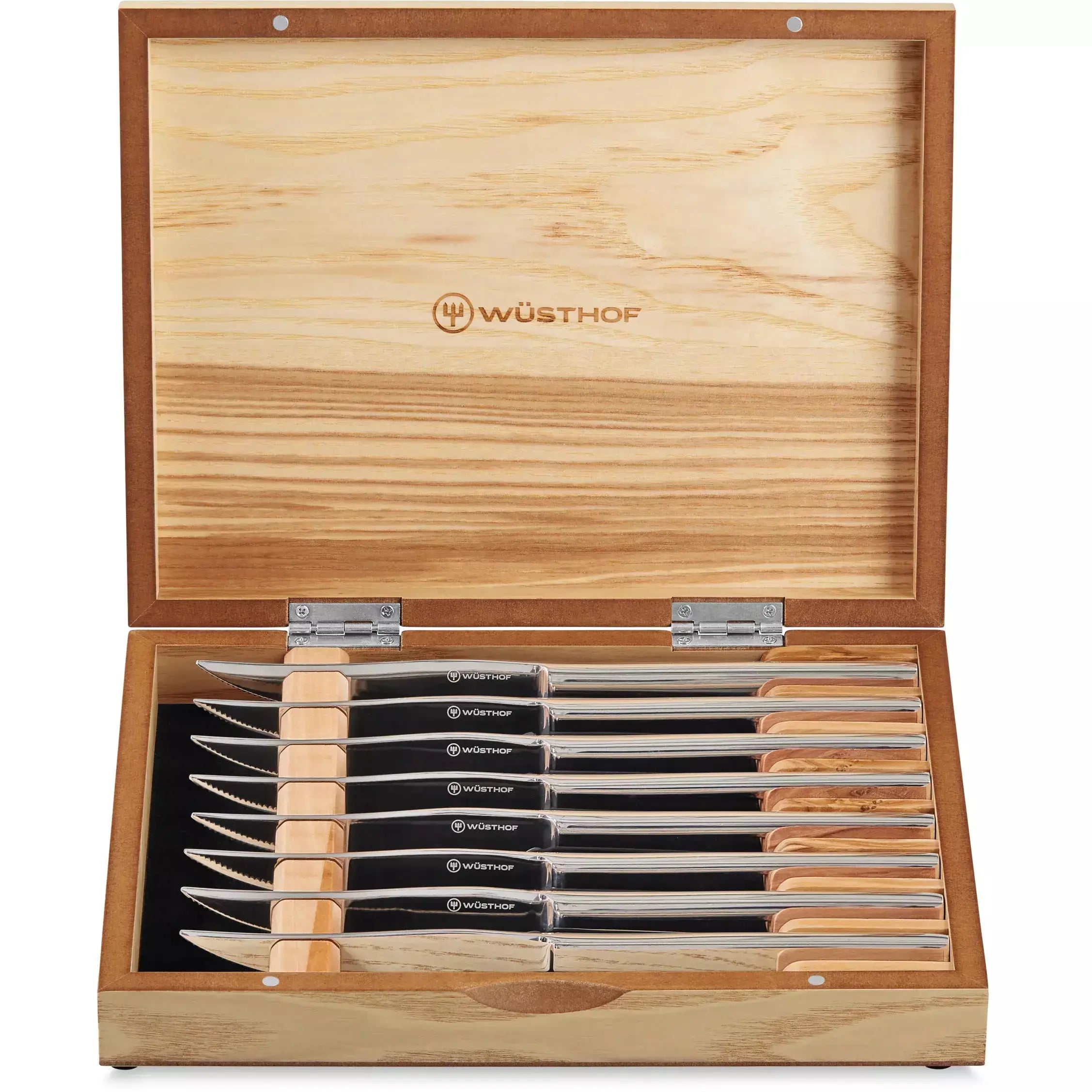 8-Piece Stainless Mignon Steak Knife Set in Olivewood Chest